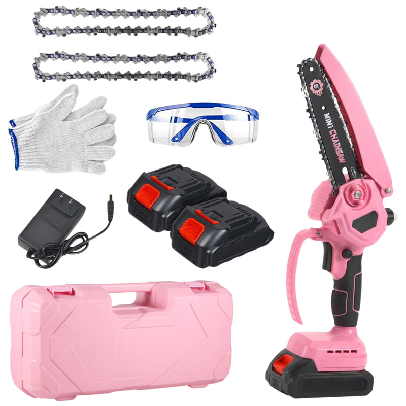 6 inch cordless mini chainsaw: pink mini chainsaw batteries case and accessories.