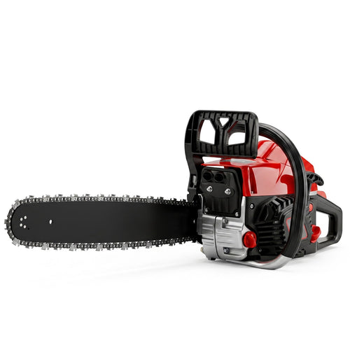 62cc gas chainsaw: red gas chainsaw and guide bar.