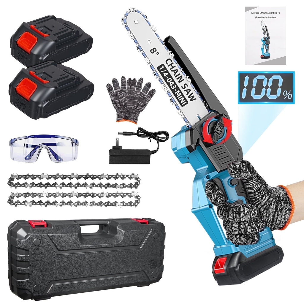 Blue cordless mini chainsaw: blue mini chainsaw batteries chains and case.