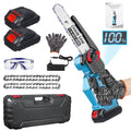Blue cordless mini chainsaw: blue mini chainsaw batteries chains and case.