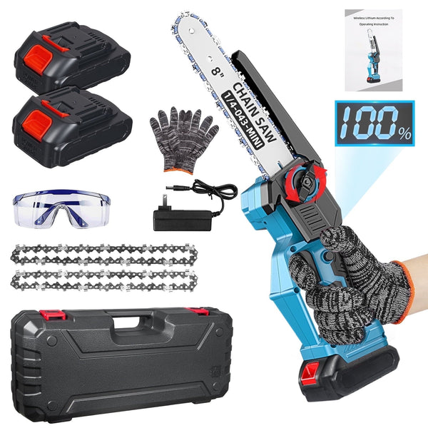 Cordless Mini Chainsaw, 8-Inch, 2 Batteries & Carrying Case, Blue