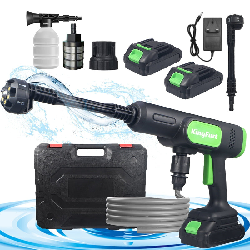 Cordless pressure washer: green pressure washer batteries hose and case.
