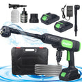 Portable cordless pressure washer: green pressure washer batteries hose and case.