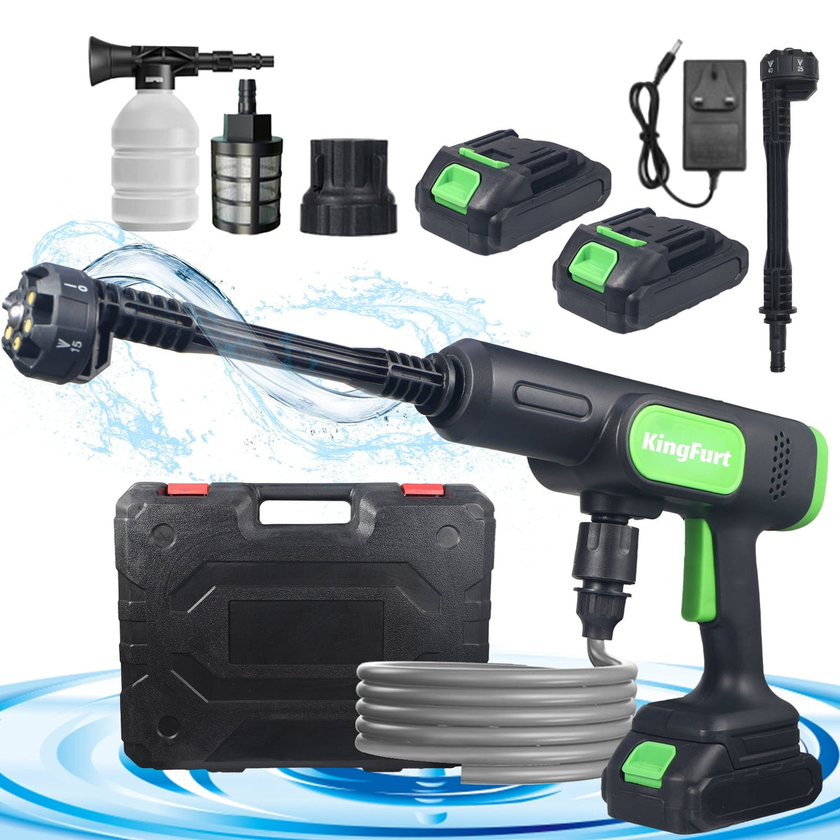 Portable cordless pressure washer: green pressure washer batteries hose and case.