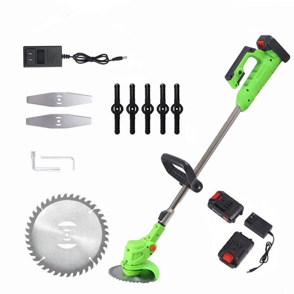 Green cordless trimmer: trimmer kit contents.