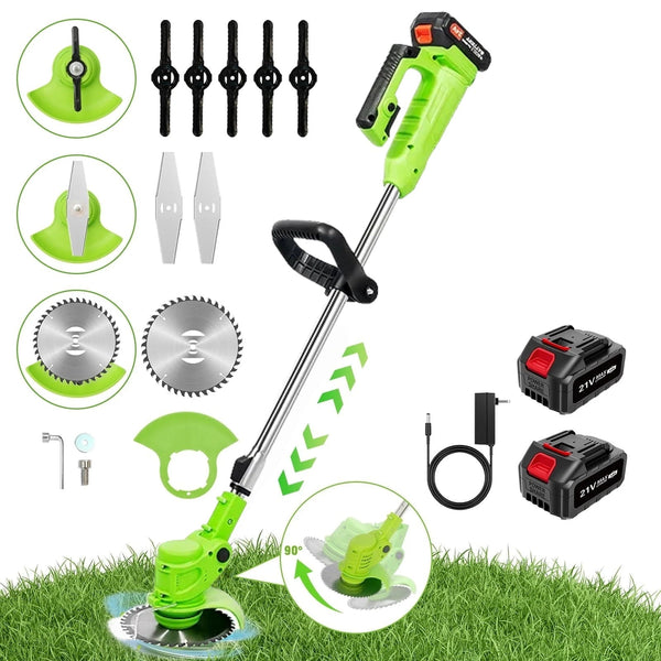 Cordless String Trimmer with Wheels, 2 Batteries, Green
