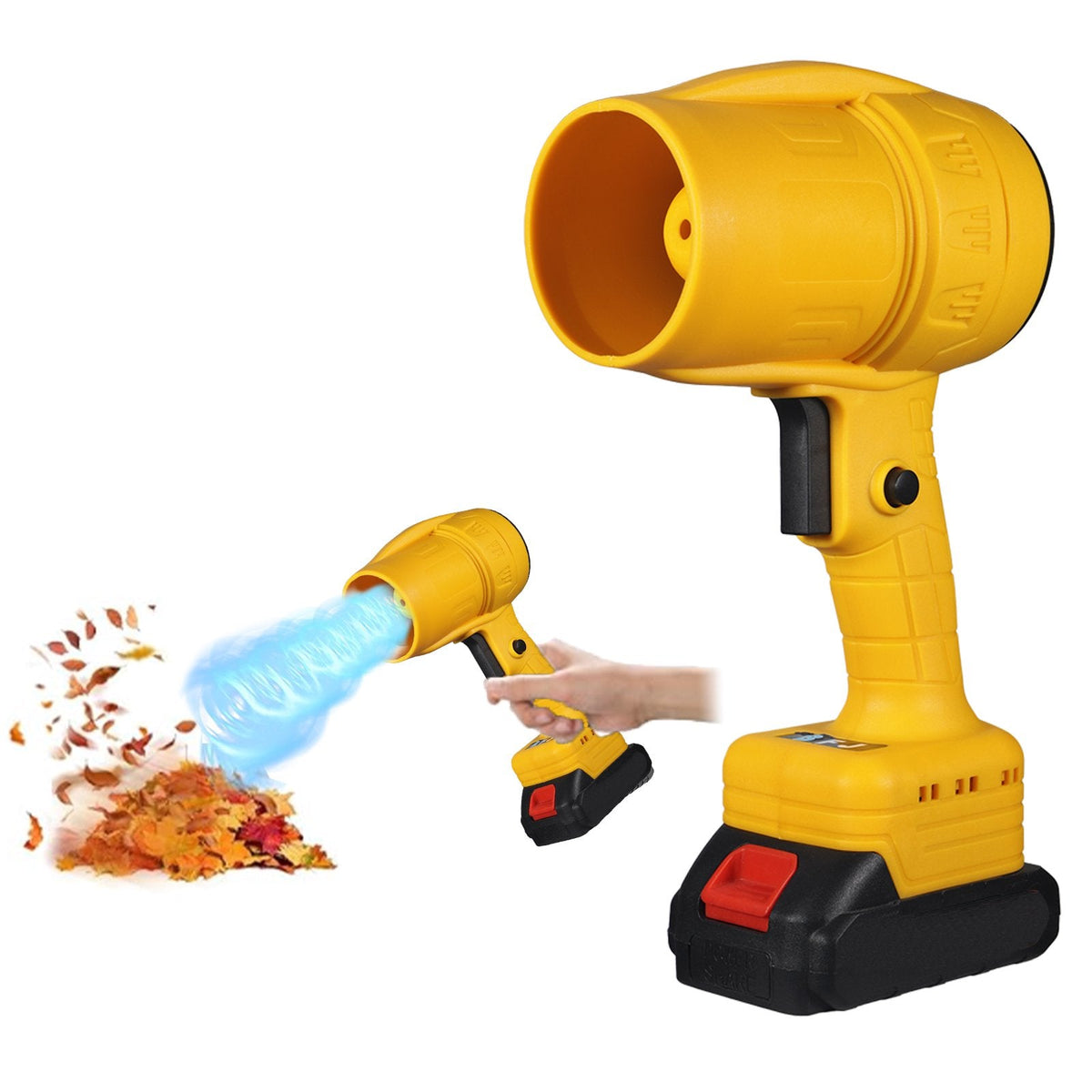 Yellow cordless leaf blower: yellow handheld blower and battery.