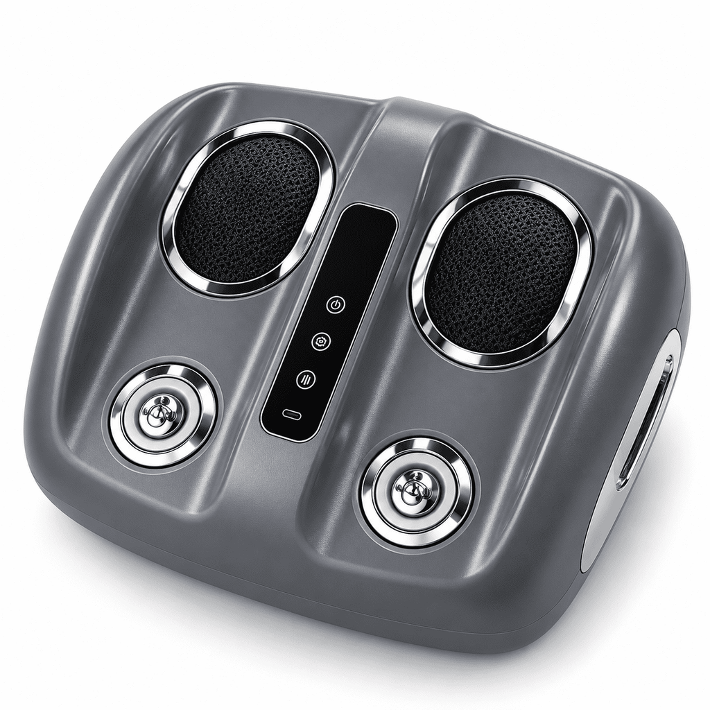 Electric foot massager with heat: gray massager with mesh pads and heel discs.