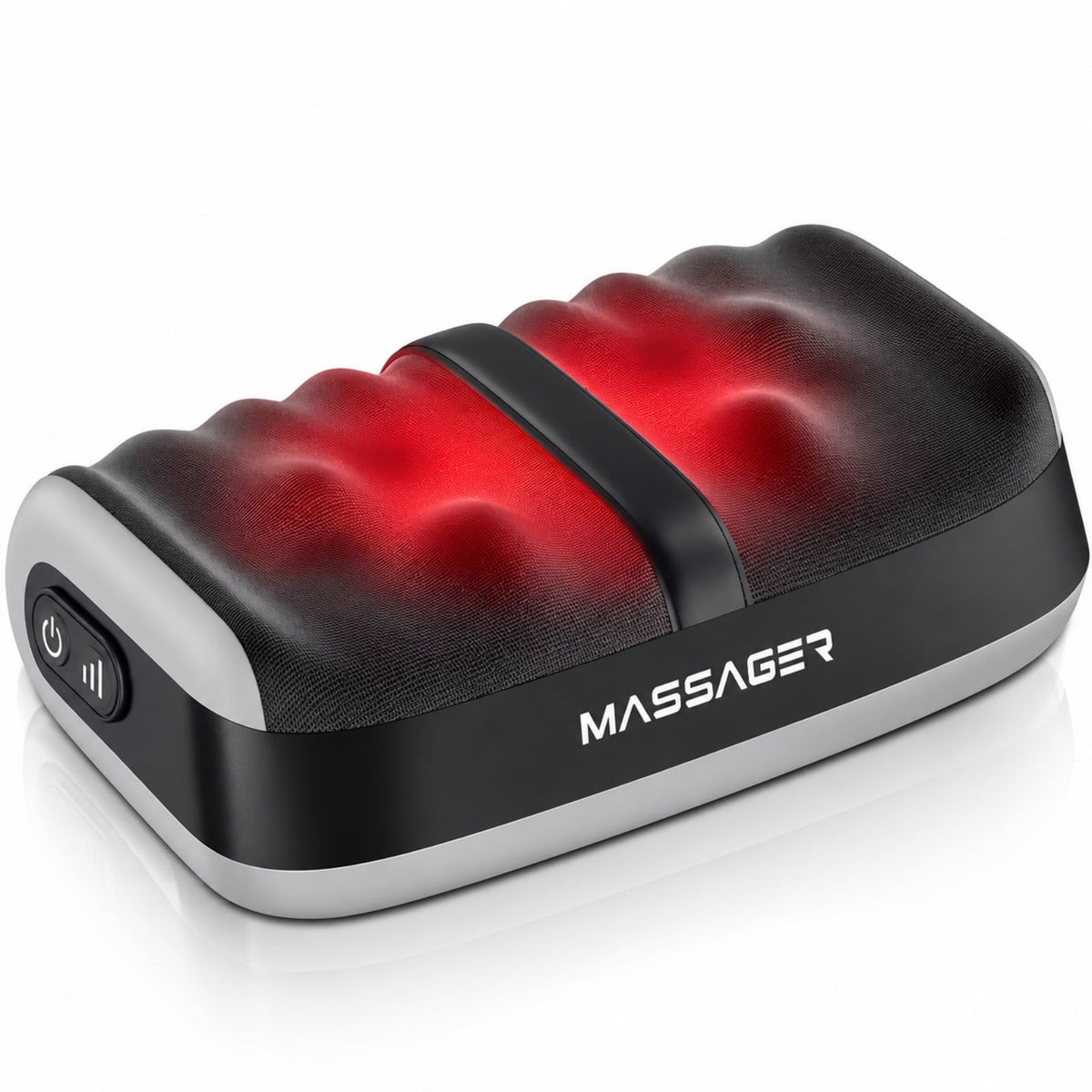 Shiatsu foot massager with heat: black massager with red-lit foot pads.