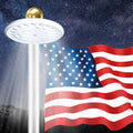 Solar flagpole light: white circular flagpole light illuminating flag.