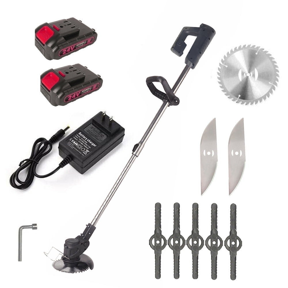 Black cordless grass trimmer: black trimmer batteries charger and blades.