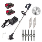 Black cordless grass trimmer: black trimmer batteries charger and blades.