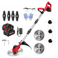9 inch cordless string trimmer: red trimmer batteries charger and blades.