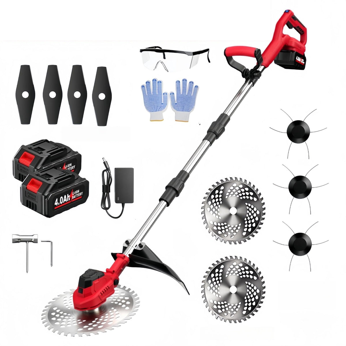 9 inch cordless string trimmer: red trimmer batteries charger and blades.