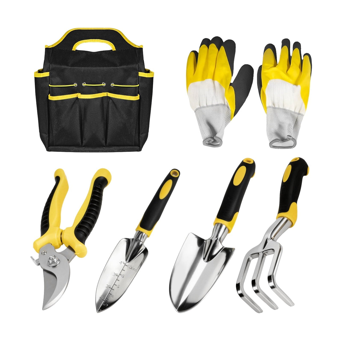 Garden tool set with bag: garden tools gloves and black tote.