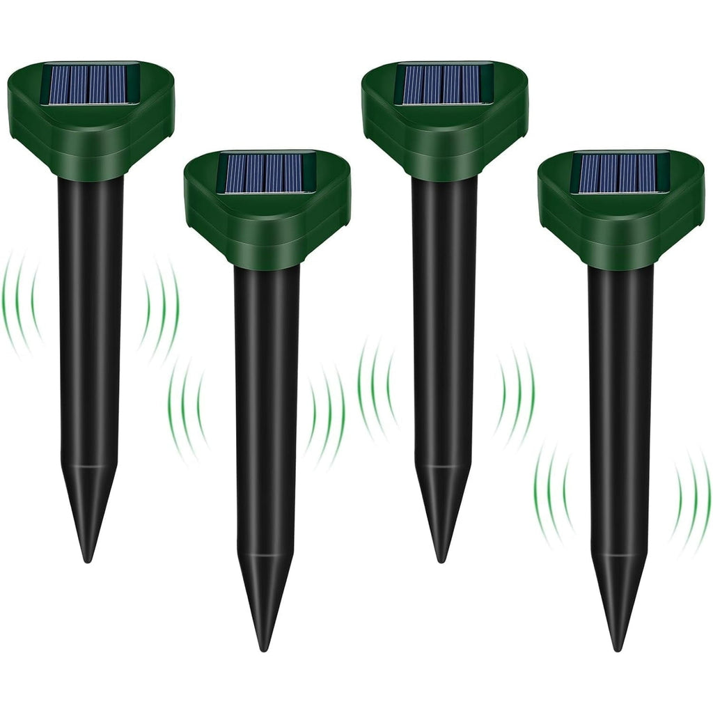 Solar mole repeller 4 pack: four square-top solar deterrent stakes.