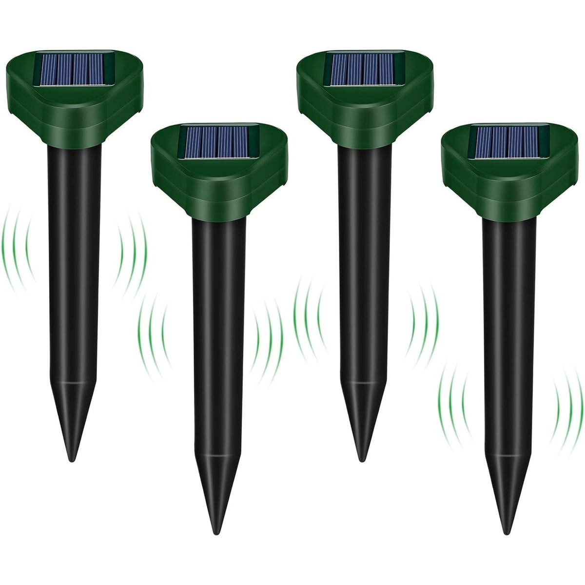 Solar mole repeller 4 pack: four square-top solar deterrent stakes.