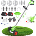 Cordless trimmer and edger: green wheeled trimmer batteries and accessories.