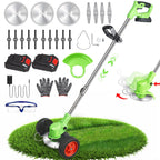 Cordless trimmer and edger: green wheeled trimmer batteries and accessories.