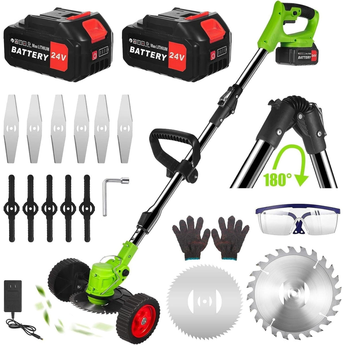 Foldable cordless grass trimmer: green folding trimmer batteries and blade kit.