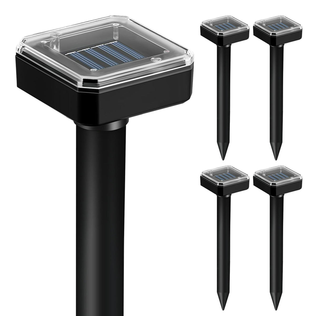 Solar gopher repellent stakes: four square-top solar deterrent stakes.