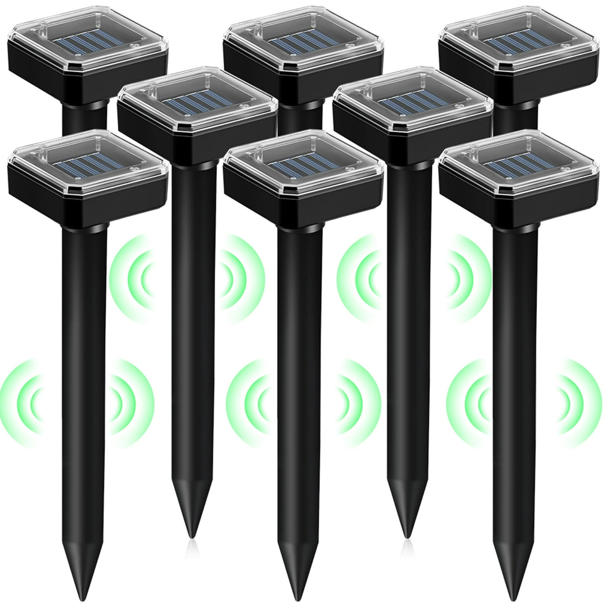 Solar vole deterrent stakes: eight square-top solar deterrent stakes.