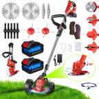 Foldable cordless brush cutter: red folding brush cutter batteries and blades.