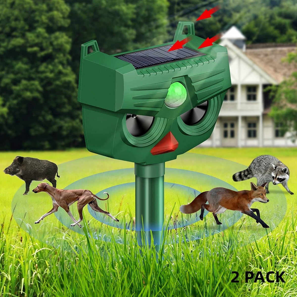 Solar animal repeller for garden: green solar repeller with two-pack artwork.