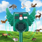 Motion sensor animal repeller: green winged solar repeller on stake.
