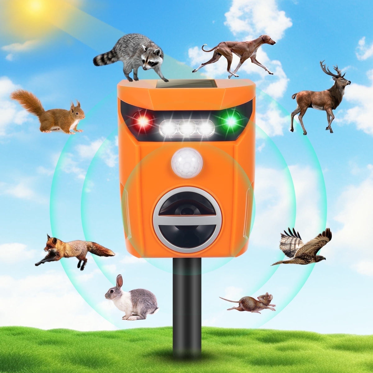 Solar ultrasonic animal repeller: orange solar repeller and ground stake.