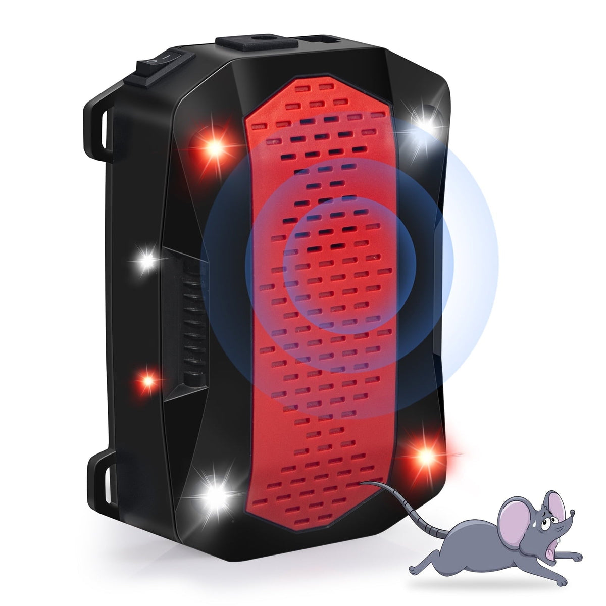 Vehicle rodent repeller: black and red under-hood repeller.