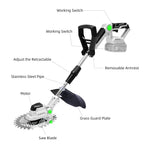 Brushless cordless trimmer: labeled handle shaft motor and guard.