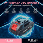 Pink cordless mini chainsaw: battery pair and charging illustration.