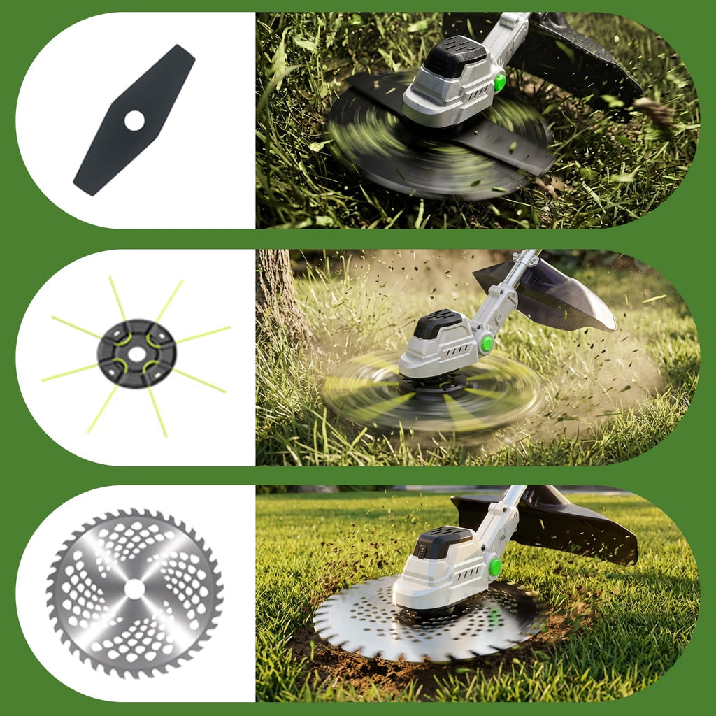 Brushless cordless trimmer: three cutting attachment examples.