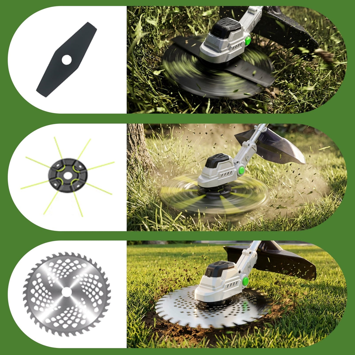 Brushless cordless trimmer: three cutting attachment examples.