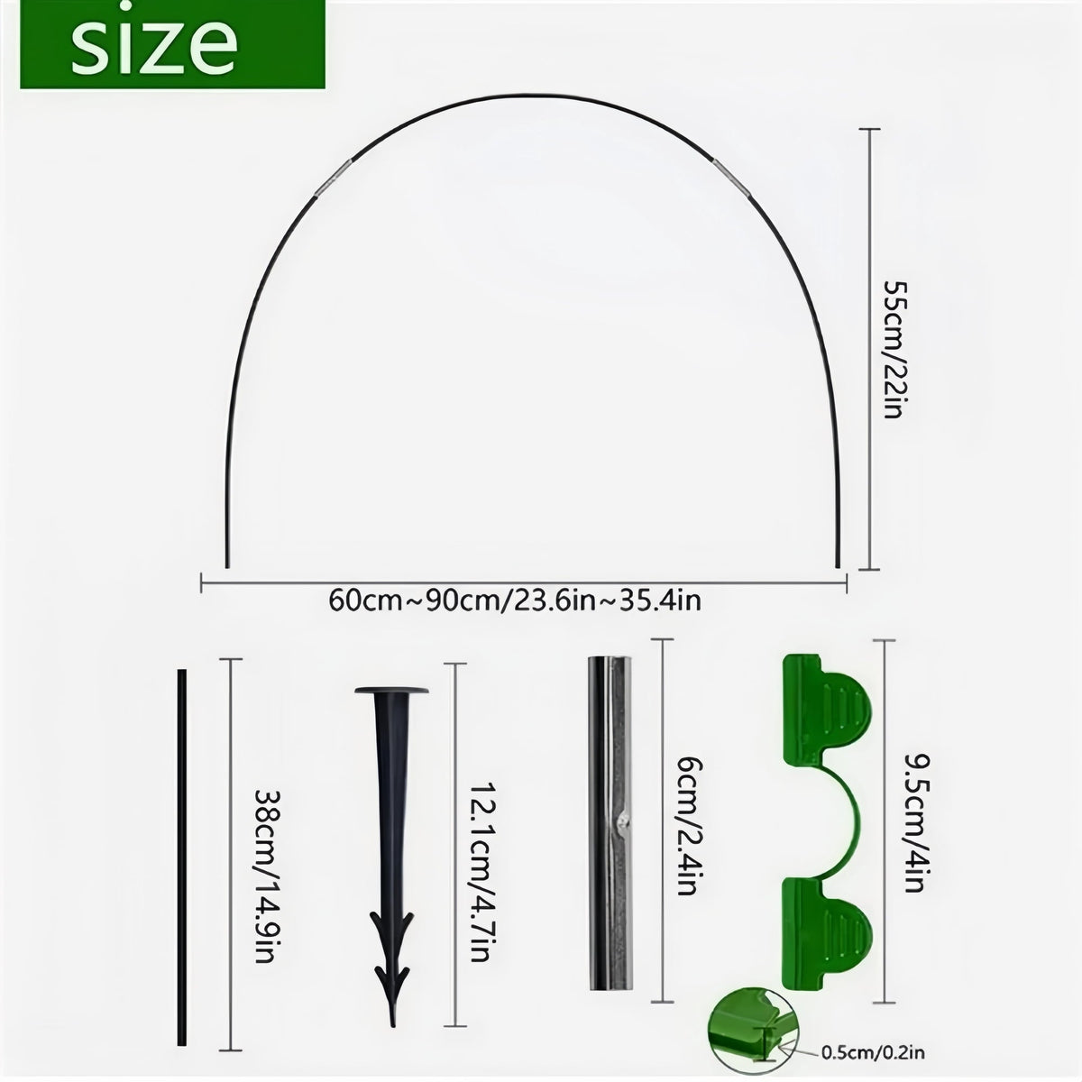 Fiberglass garden hoops: rod connector and hoop dimensions.