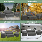 Patio furniture cover set: covered patio set in seasonal settings.