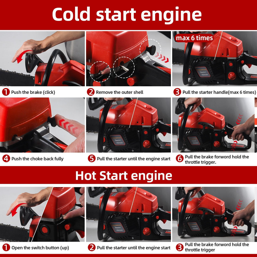 62cc gas chainsaw: cold and warm starting instructions.