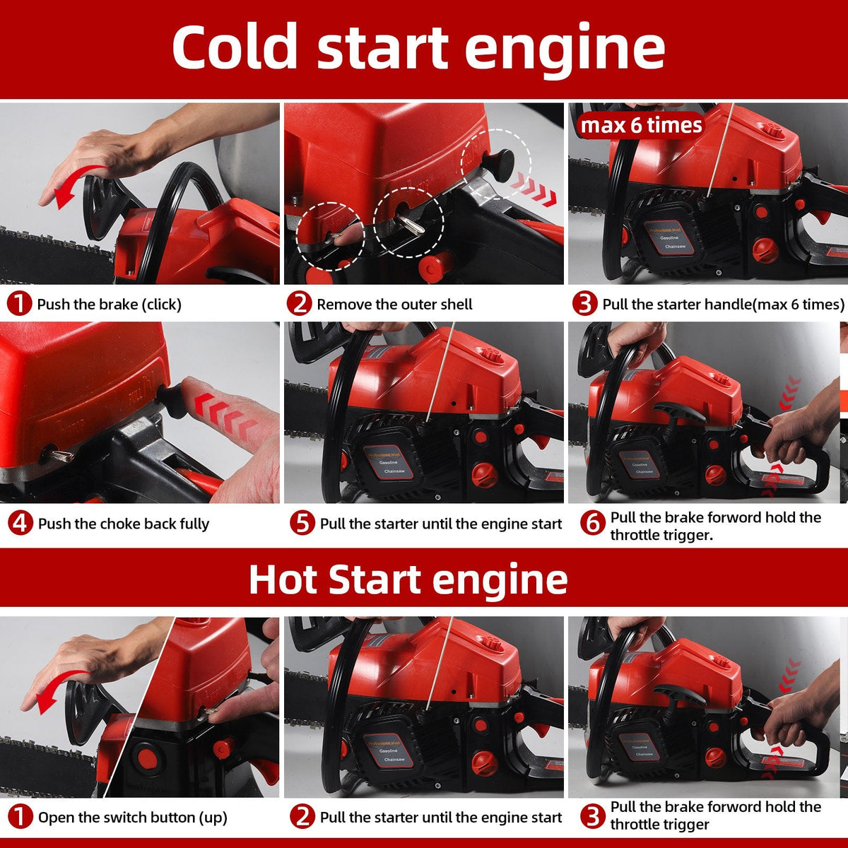 62cc gas chainsaw: cold and warm starting instructions.