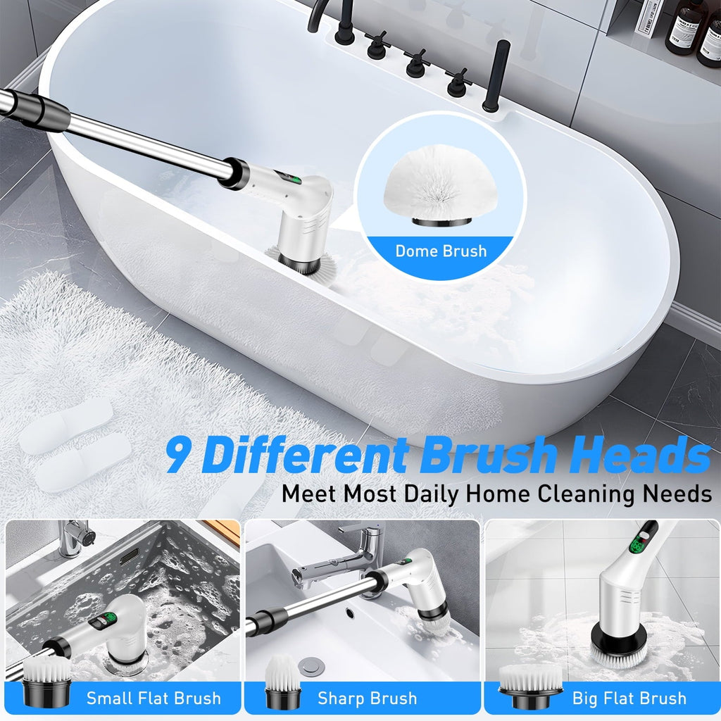 Cordless electric spin scrubber: brush shapes and cleaning examples.