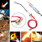 Propane weed burner torch: hose connector and flame illustration.
