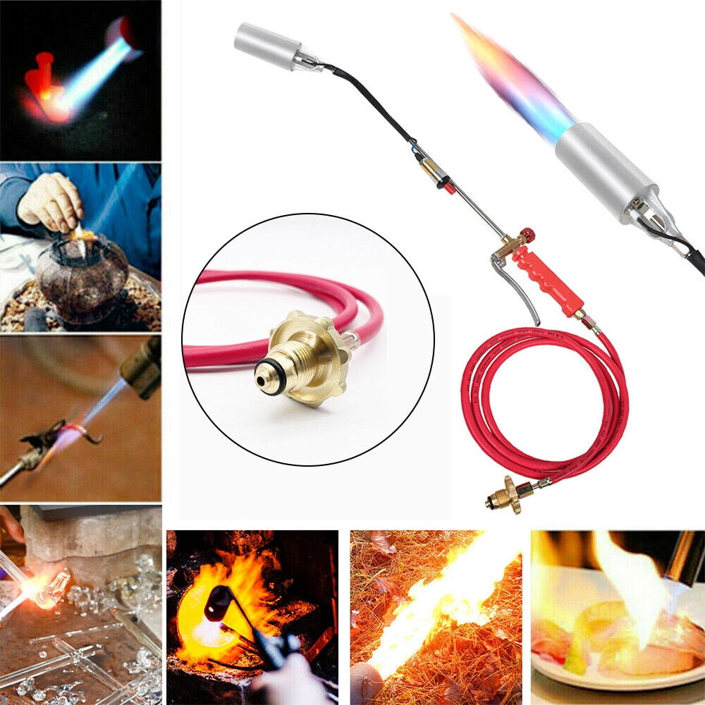 Propane weed burner torch: hose connector and flame illustration.