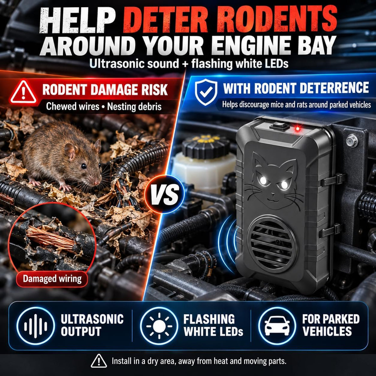 Under hood rodent repeller: repeller mounted in engine bay.
