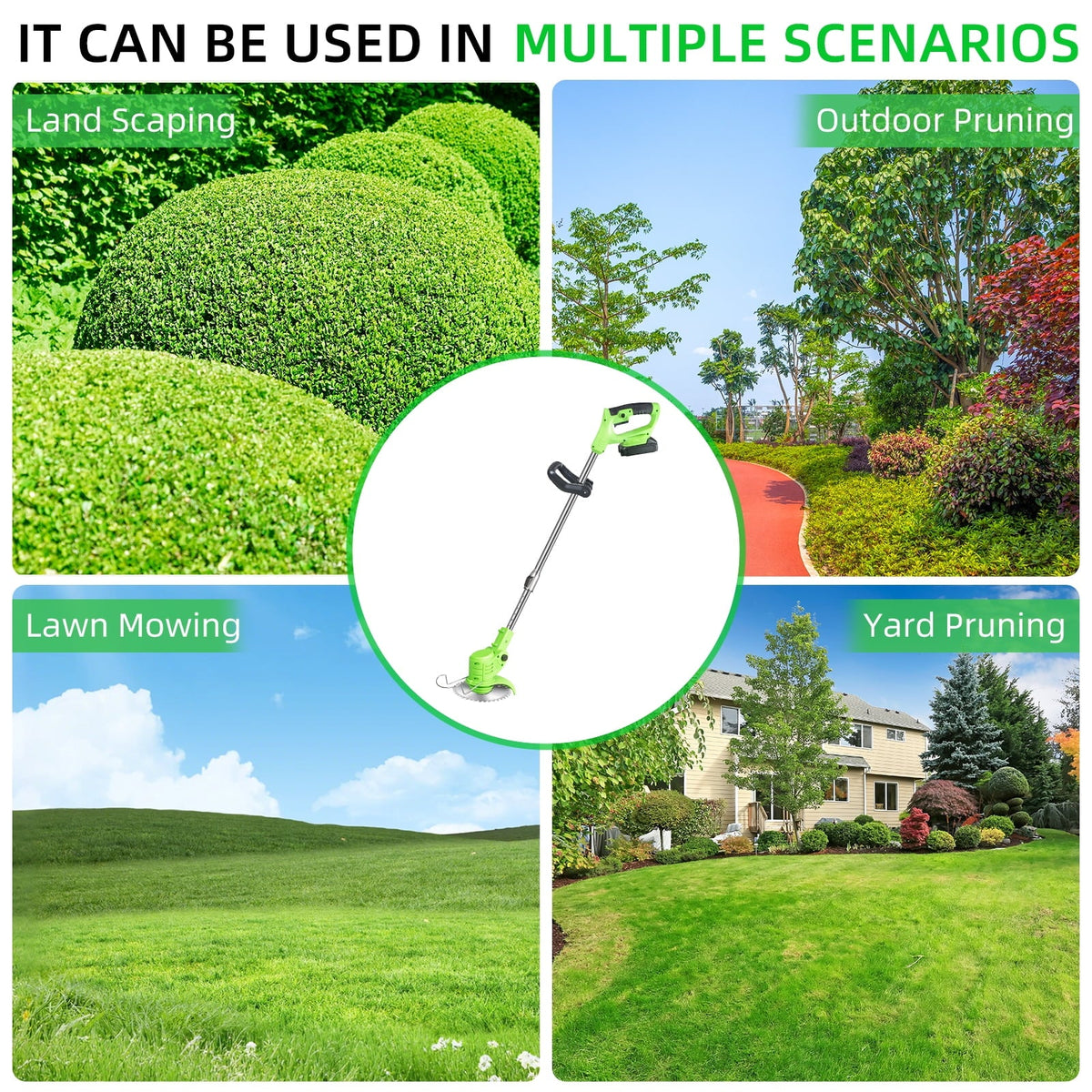 Cordless trimmer and edger: trimming and edging examples.