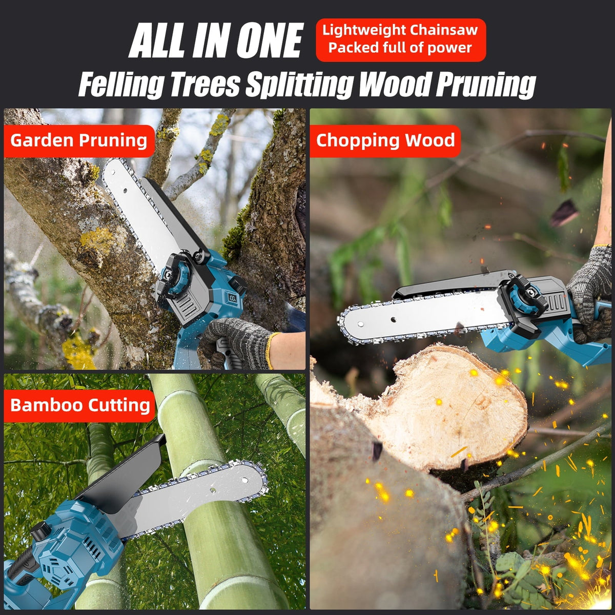 Blue cordless mini chainsaw: wood-cutting and pruning examples.