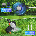 Wheeled cordless string trimmer: line and metal attachment examples.