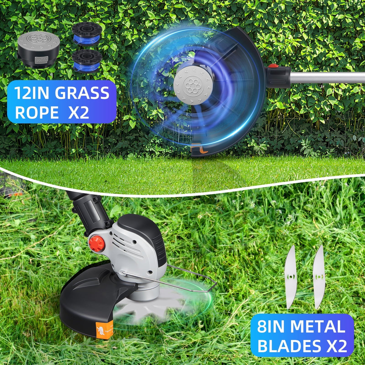 Wheeled cordless string trimmer: line and metal attachment examples.