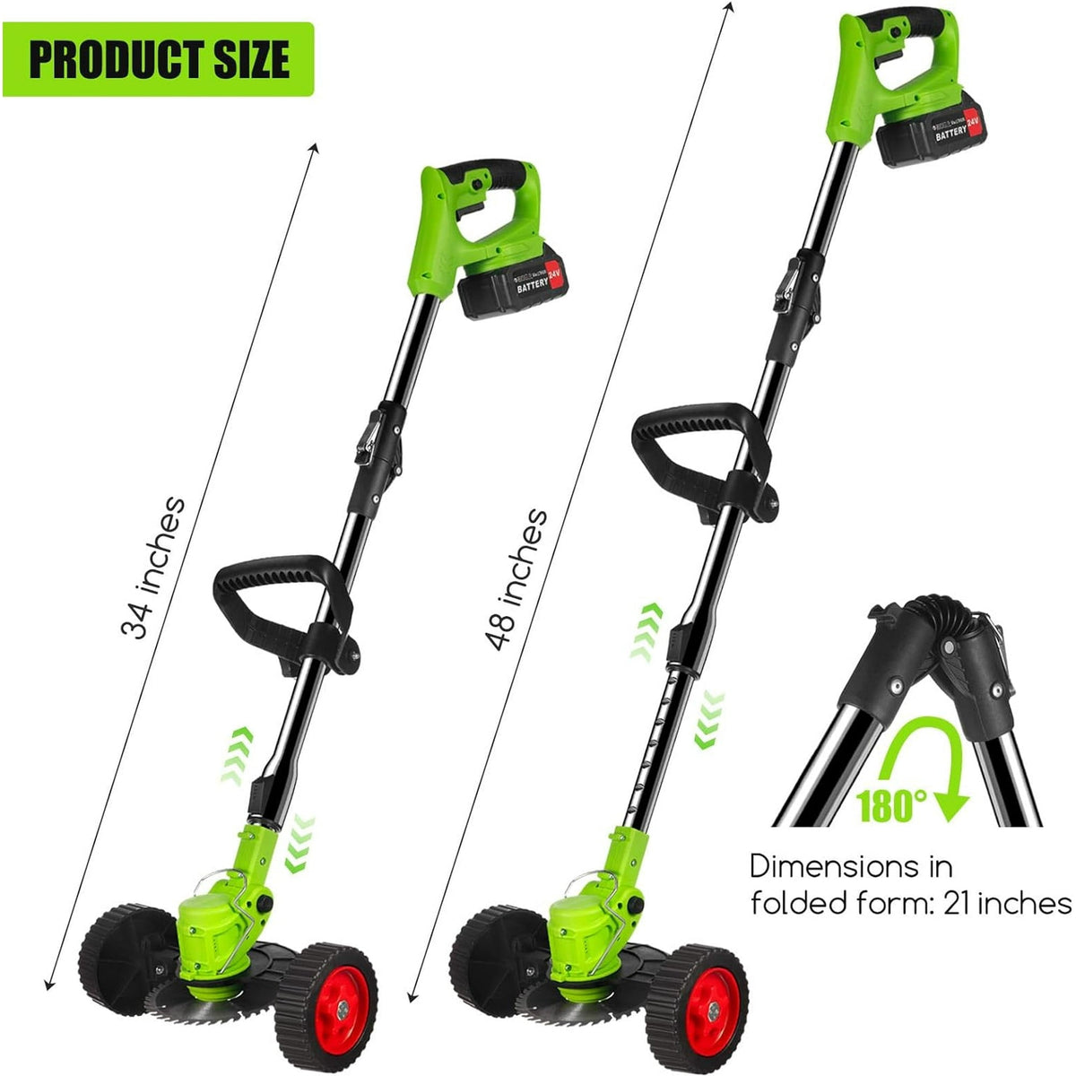 Foldable cordless grass trimmer: extended and folded shaft dimensions.