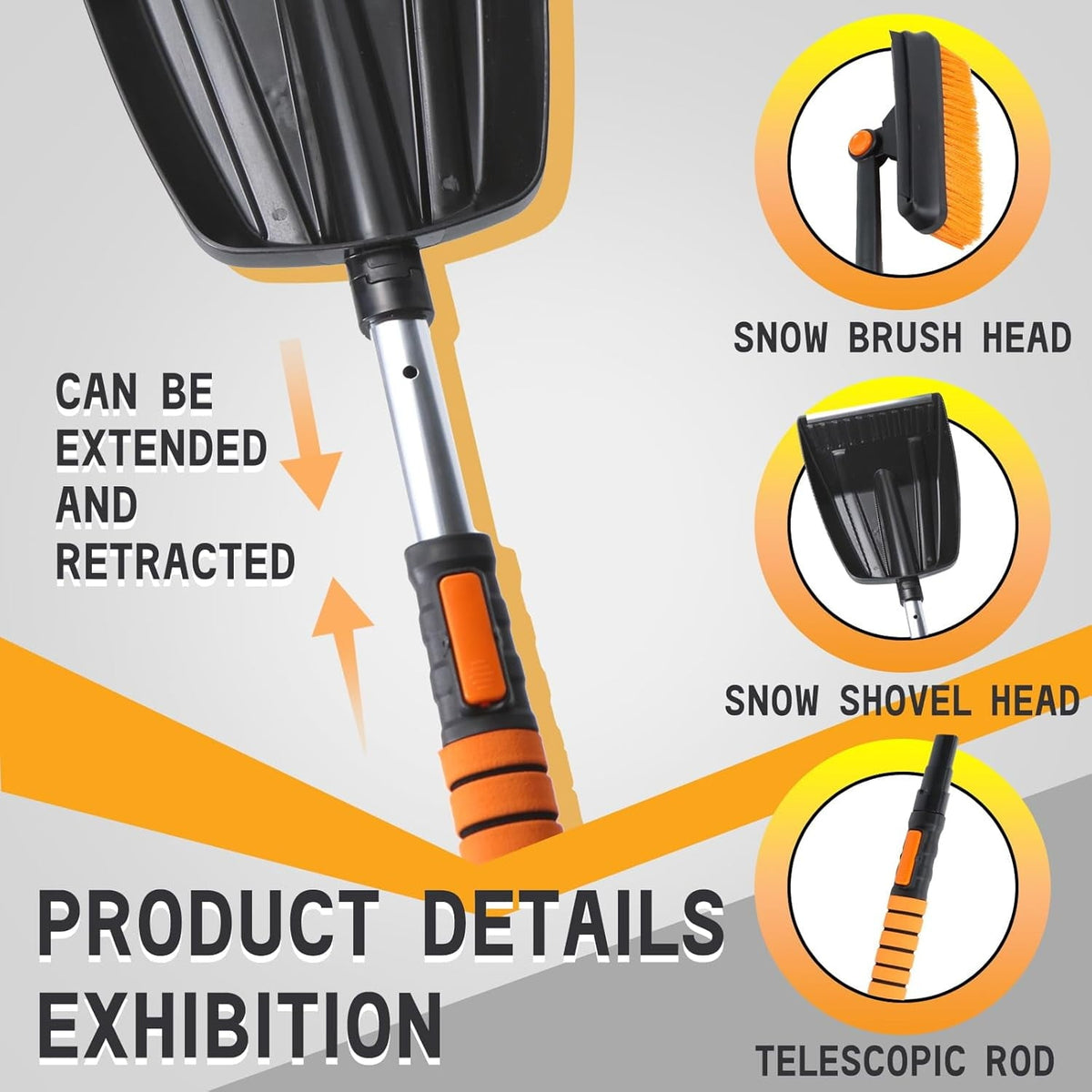 Snow brush and shovel set: telescopic pole and interchangeable heads.