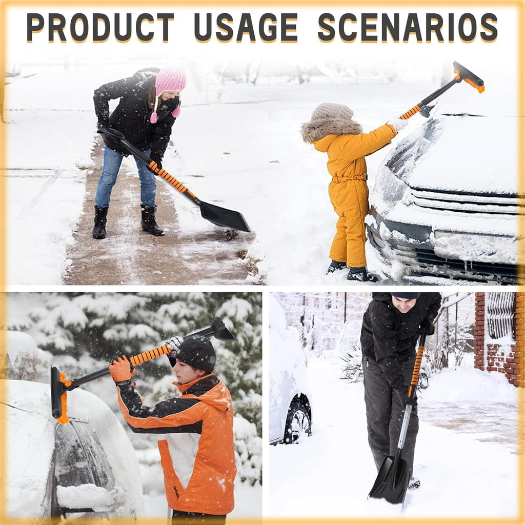 Snow brush and shovel set: vehicle and walkway snow-clearing examples.